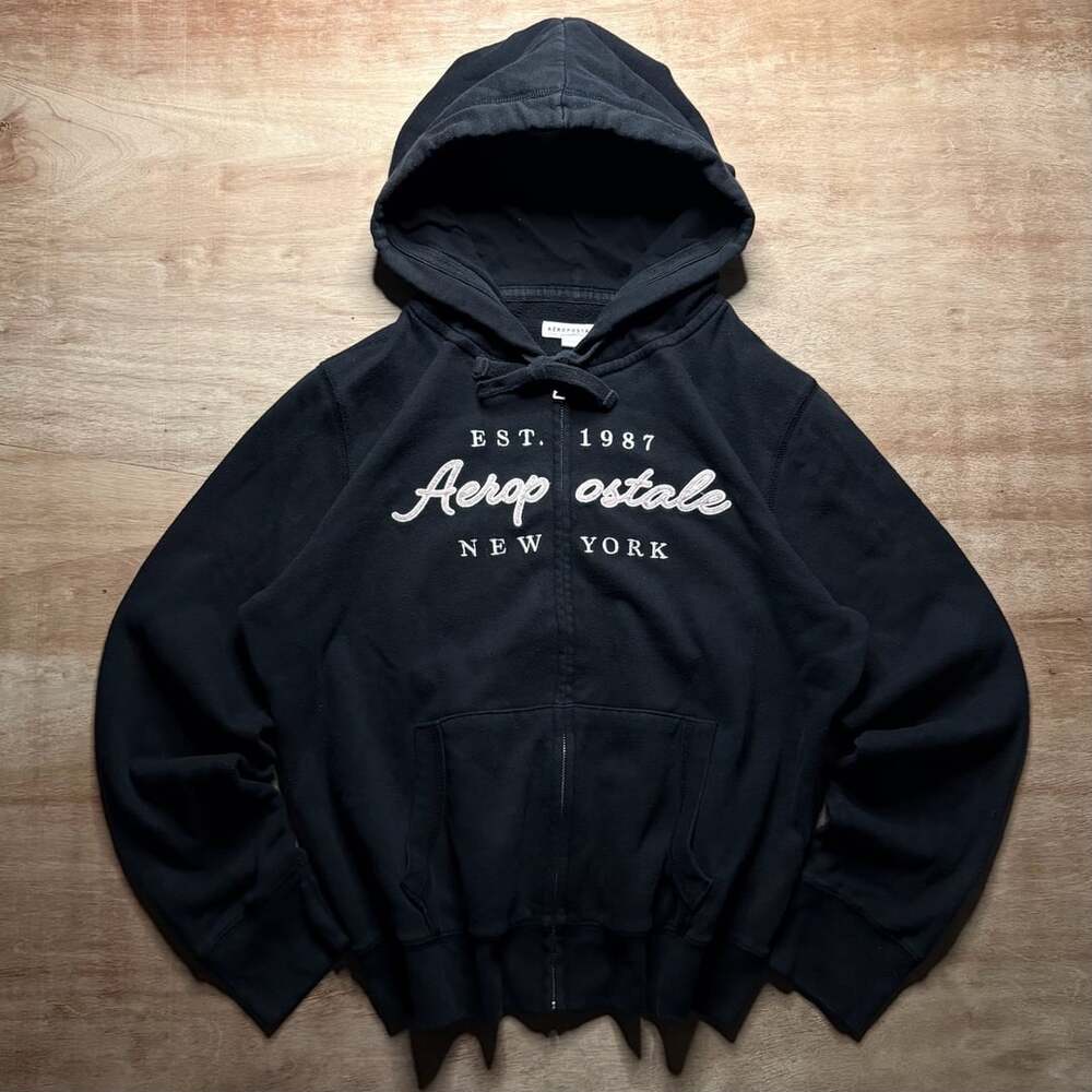 Aeropostale Full Zip Womenโs Hoodie Size XL Black Embroidered Logo
